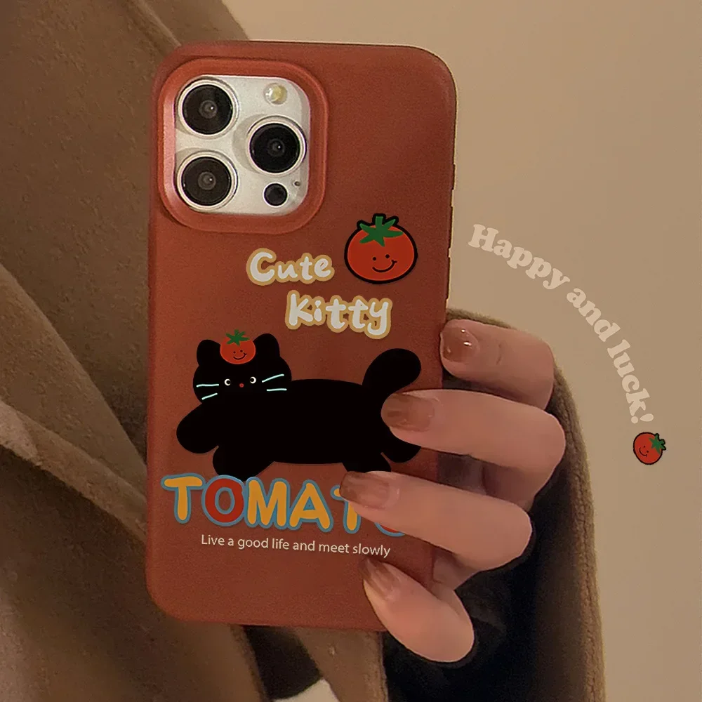 Tomato black cat kitten art Bracelet pendant Phone Case For iPhone 16 15 14 13 12 Pro Max Case Cute Luxury Cartoon Soft Cover