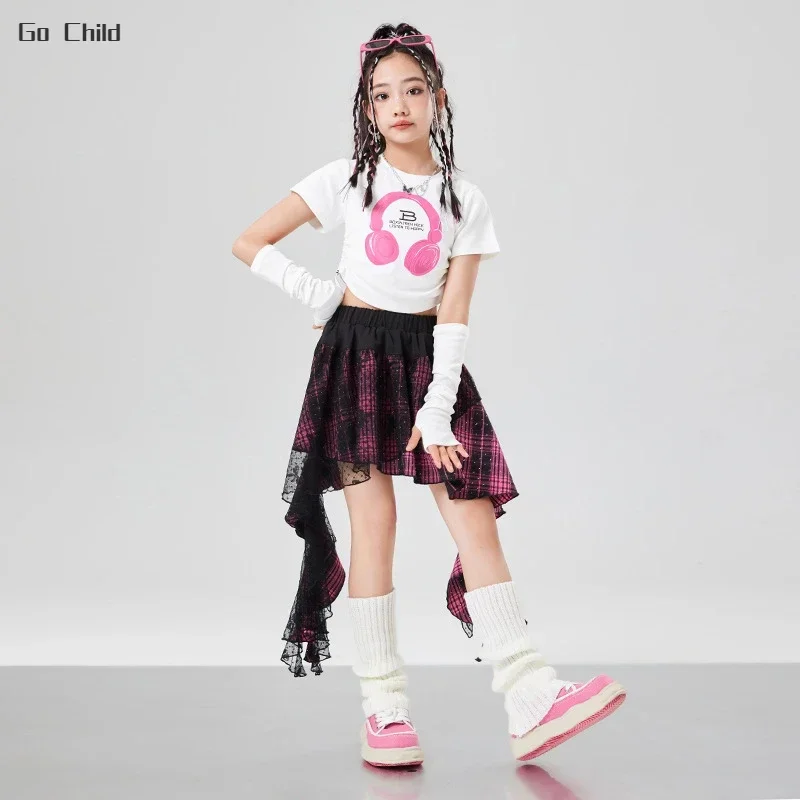 Hip Hop Girls Crop Top Street Dance Gauze K-pop Plaid Skirts Kids Streetwear Children Jazz Cheerleader Costumes Clothes Sets