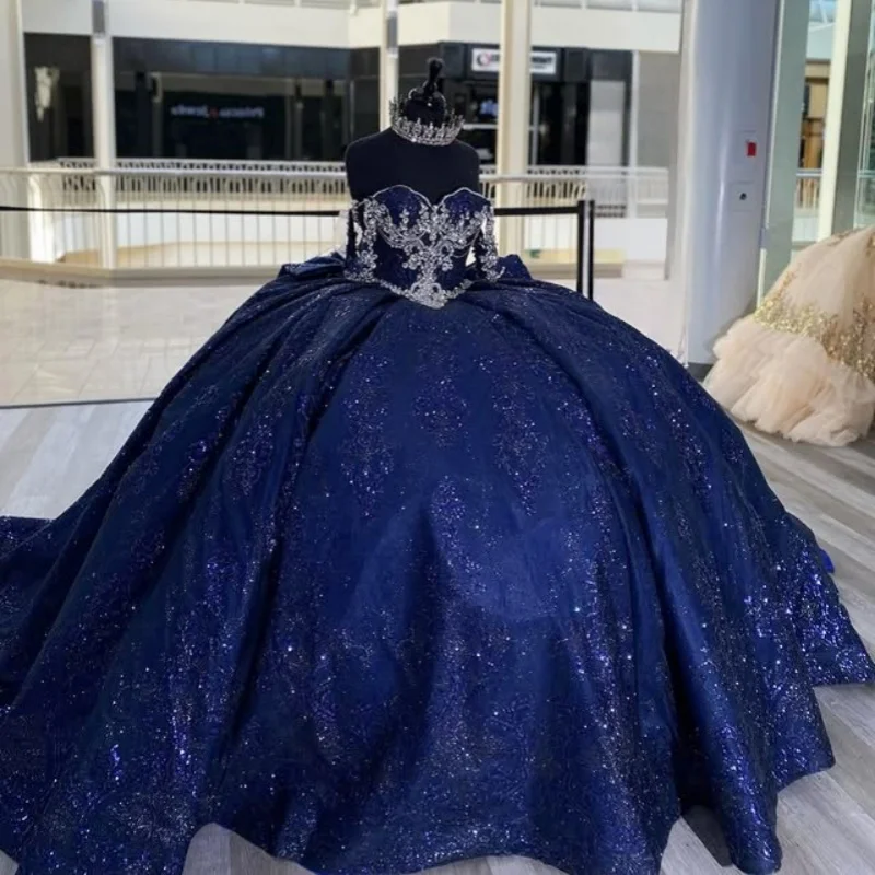 

Shiny Dark Blue Quinceanera Dresses Off the Shoulder Glitter Crystal Decal Long tail Bow Vestido De 15 Quinceanera Customize