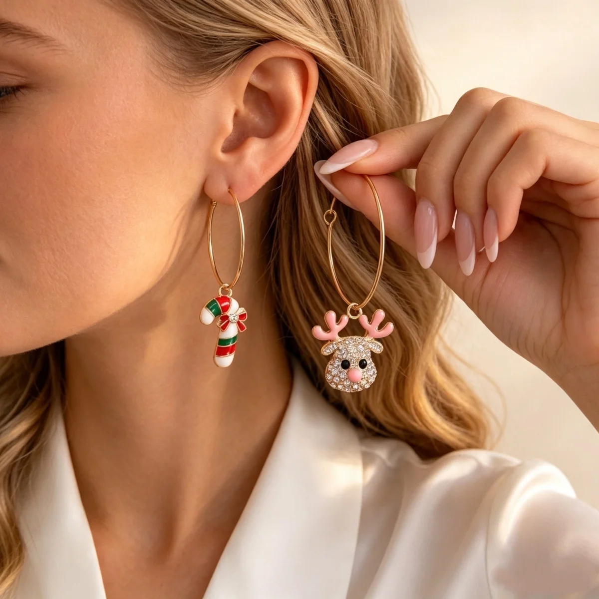 3 Paar/Set Weihnachts-Strass-Ohrringe mit Hirsch, Zuckerstange, Geschenkbox, für Damen, niedliche Weihnachtsmann- und Weihnachtsbaum-Ohrringe, Schmuck – Detail 9