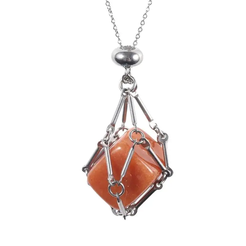 A52E Handcrafted Square Crystal Pendant Necklace Secure Mesh Bamboo Chain Jewelry
