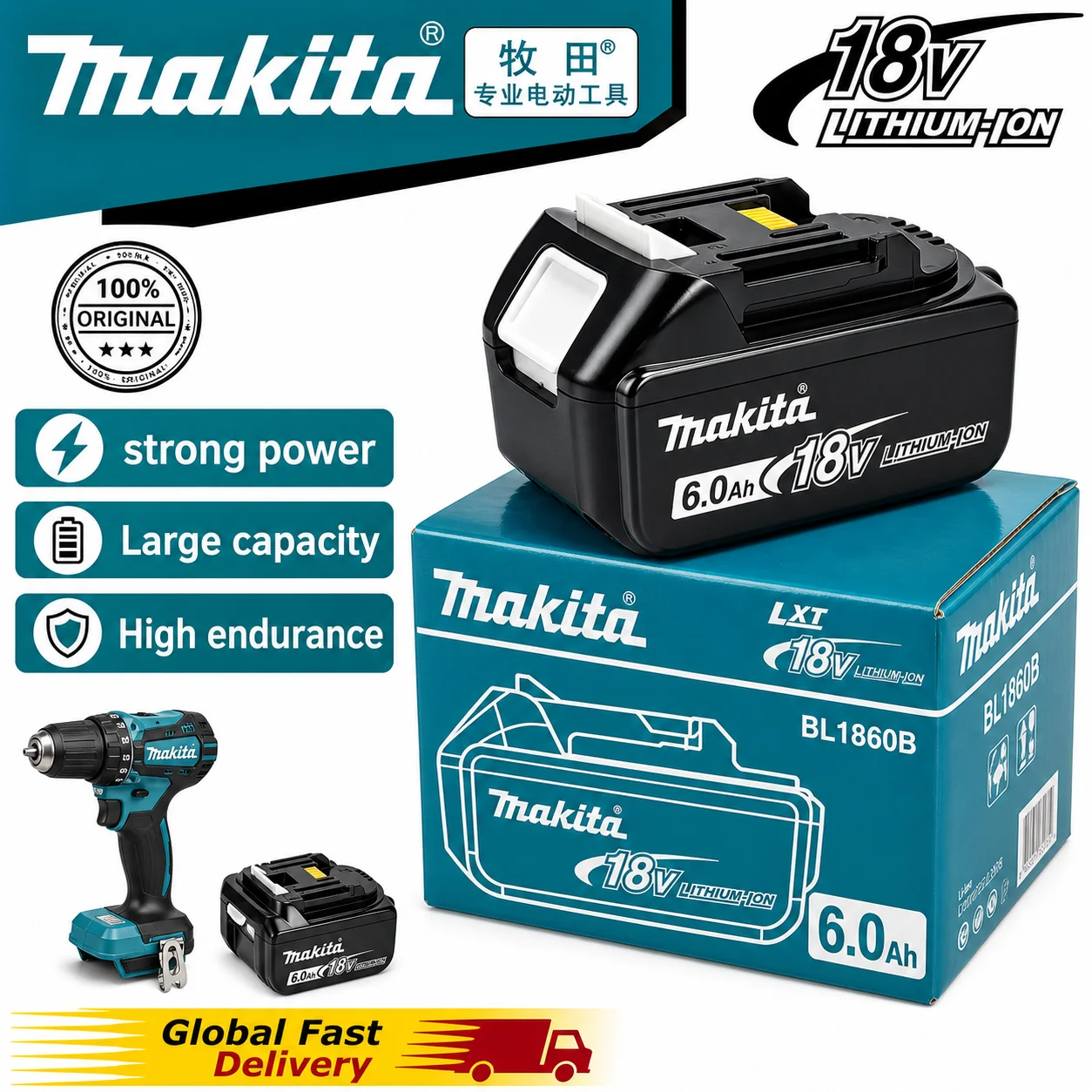 

Grade A Cells Original Makita Battery, 18V 6.0Ah Rechargeable Power Tool Battery with Over-discharge Protection for LXT BL1860B