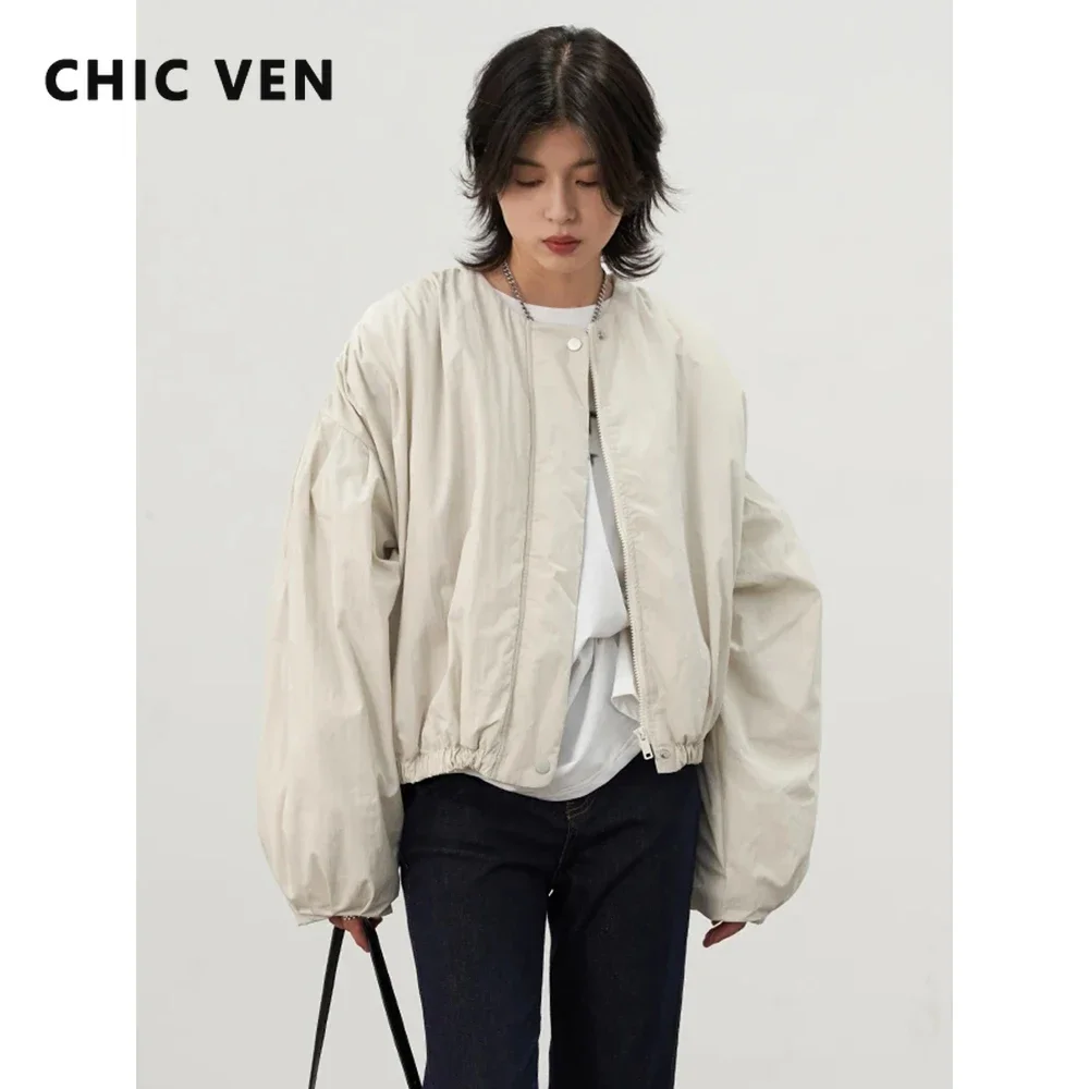 CHIC VEN Korean Women's Padded Jacket Thick Warm Loose Pleated O Neck Quilted Coat Solid Female Overcoat Winter Clothing 2022