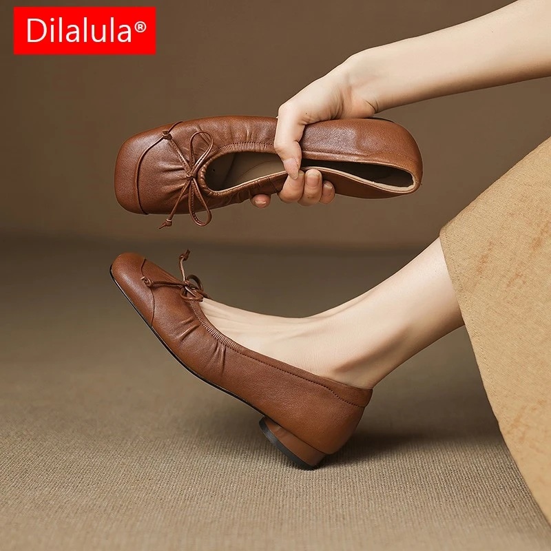 

Dilalula 2025 Genuine Leather Butterfly Knot Shallow Pumps Women Square Toe Low Heels Slip On Casual Pumps Female Autumn Shoes