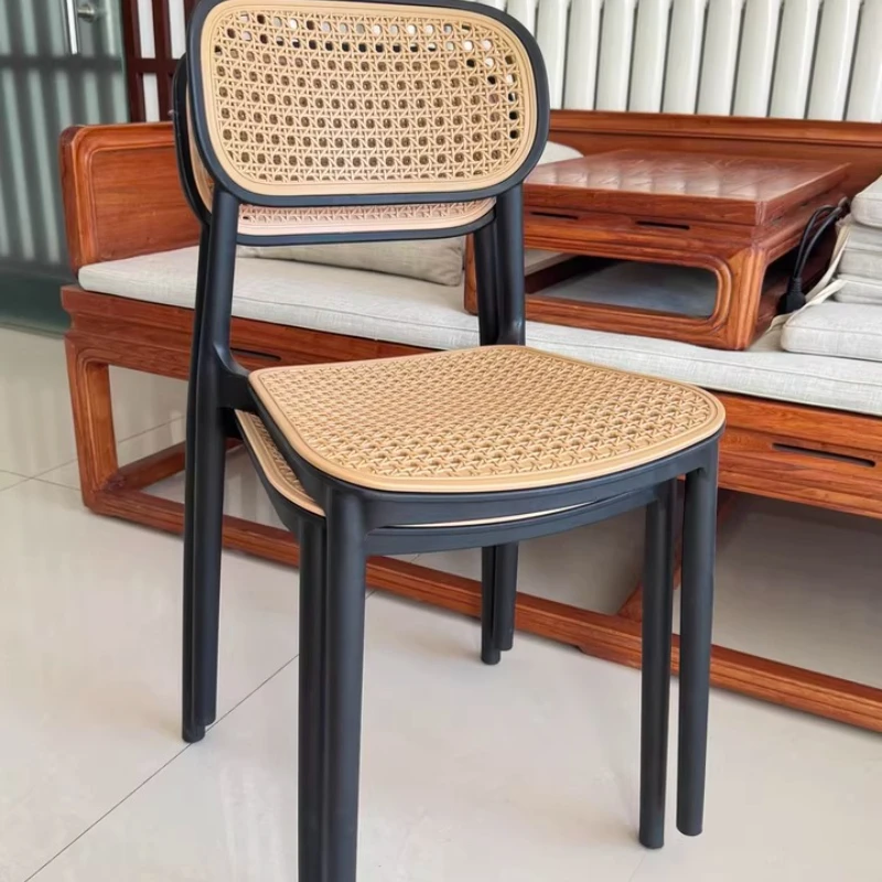

Medieval Backrest Chair，Stackable Rattan Dining Chair， Household Thickened Plastic Stool Living Room Commercial Dining Table