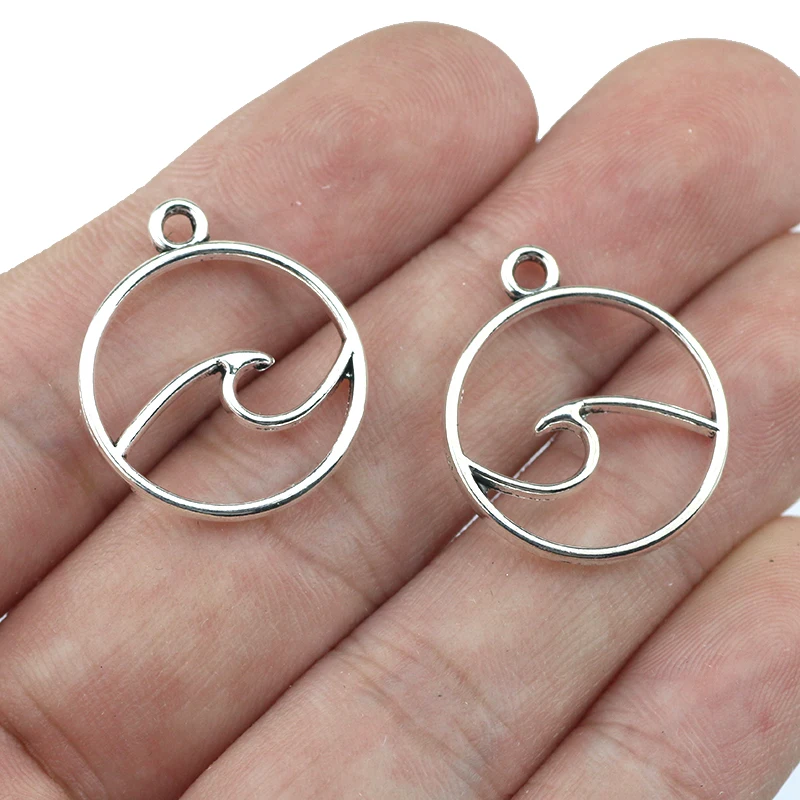 20pcs/lot 20*23mm Hollow Round Sea Wave Charms Pendant Antique Silver Color  DIY Jewelry Making