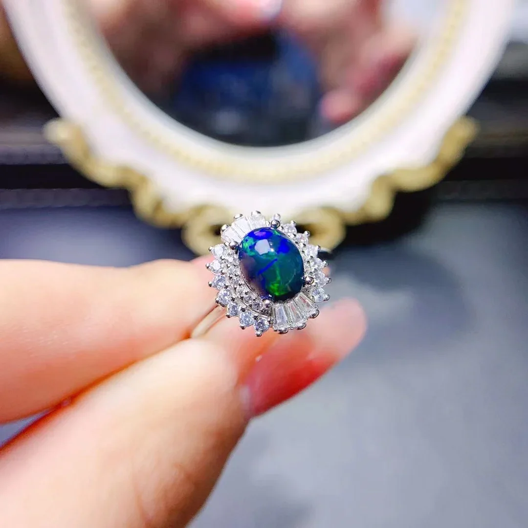 

925 Sterling Silver Black Opal Natural Gem Jewelry Ring Women's Luxury Women's Necklace with free Christmas shipping