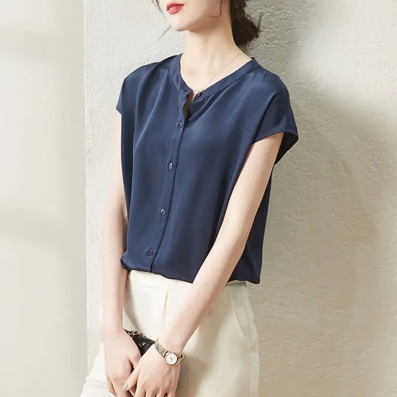 Women Summer Simplicity Loose Elegant Solid Color O-neck Short Sleeve Chiffon Shirts Women Clothes Casual Appear Thin Trend Tops