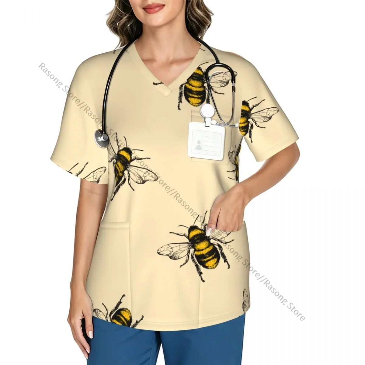 Honey Bee Engraving Print Scrubs Medical Uniforms Women V Neck Short Sleeve Tunic Scrubs Tops Nursing Surgical Uniforms