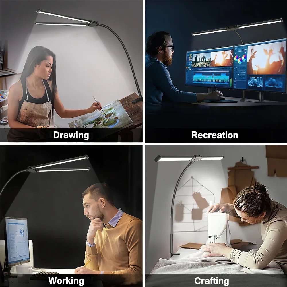 Lampe de bureau de lecture à tête double ou simple LED, bras oscillant pliable, lampe de table avec clip, poste de travail à intensité variable, protection des yeux pour PC de bureau