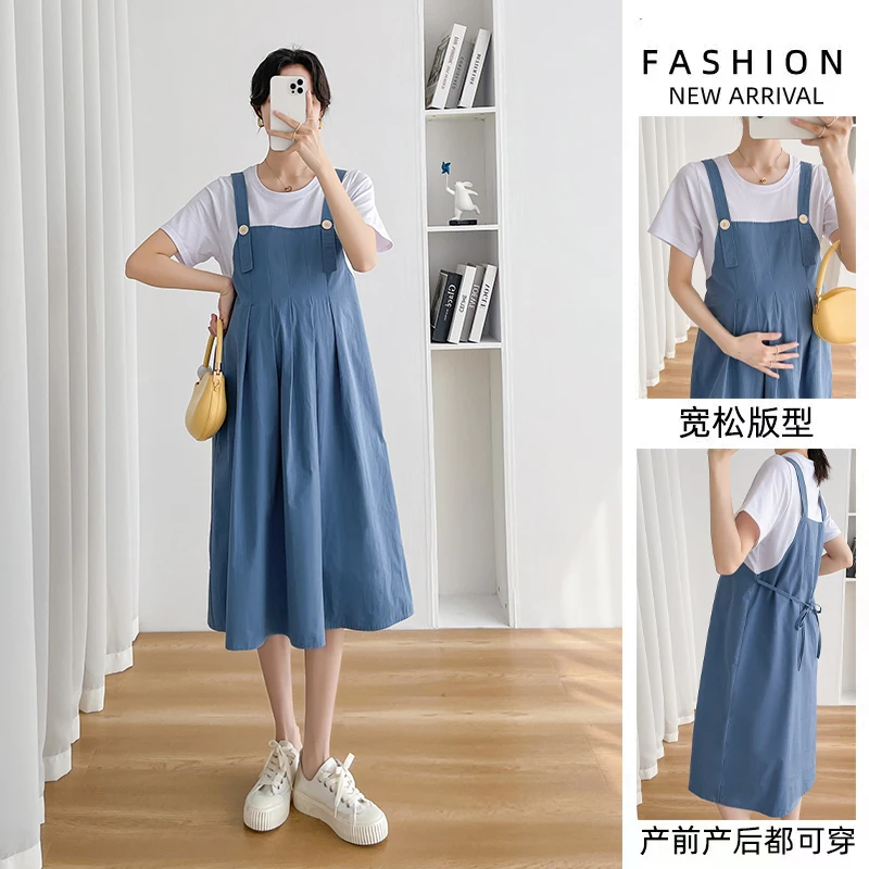 Korean Style Summer Pregnant Women Dress Short Sleeve Strap Patchwork Maternity Faux Two Pieces Pregnancy A-Line Dress Wholesale