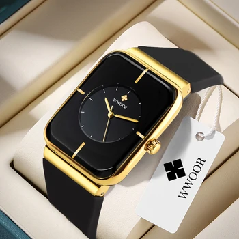 WWOOR Men's Watches Fashion Simple Square Quartz Wristwatch Male Original Waterproof Silicone Strap Watch For Men Trend Style