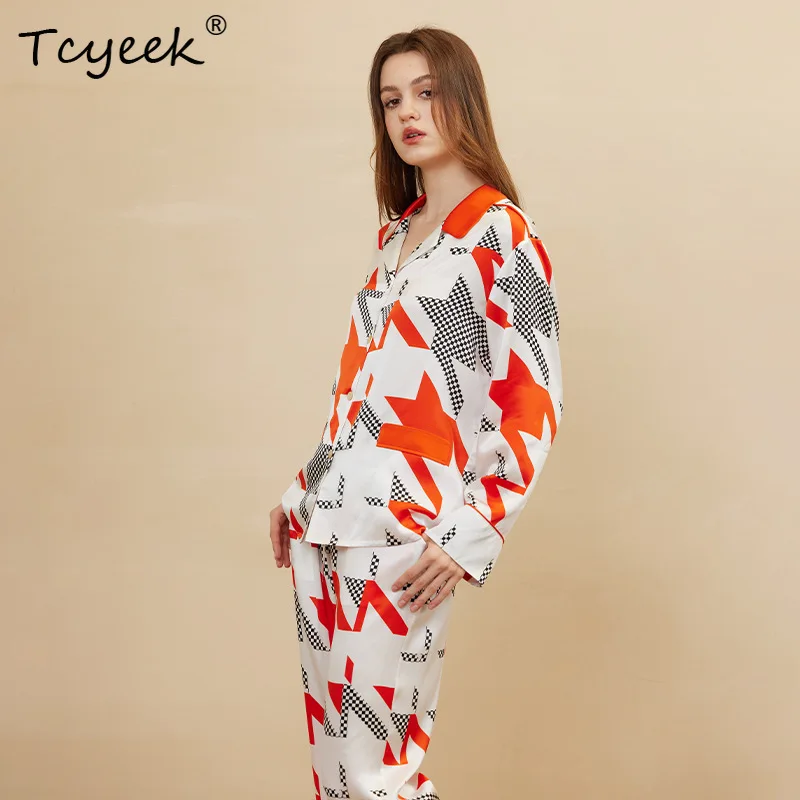 

Tcyeek, пижамный комплект из 100% натурального шелка 19 мм, женские верхние брюки с длинными рукавами, домашняя одежда для сна с принтом, лето-осень 2024 S478139QM