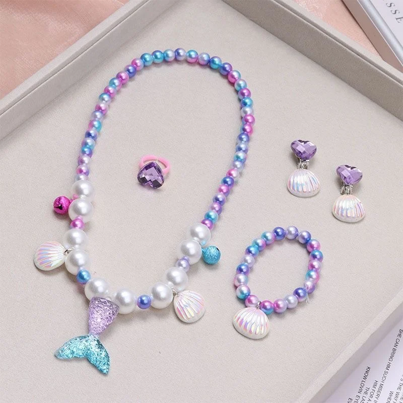 2/5pcs Girls Jewelry Sets Mermaid Pearl Necklace Bracelet Ring Earring Set Kids Toys Children Princess Fashion Accessories