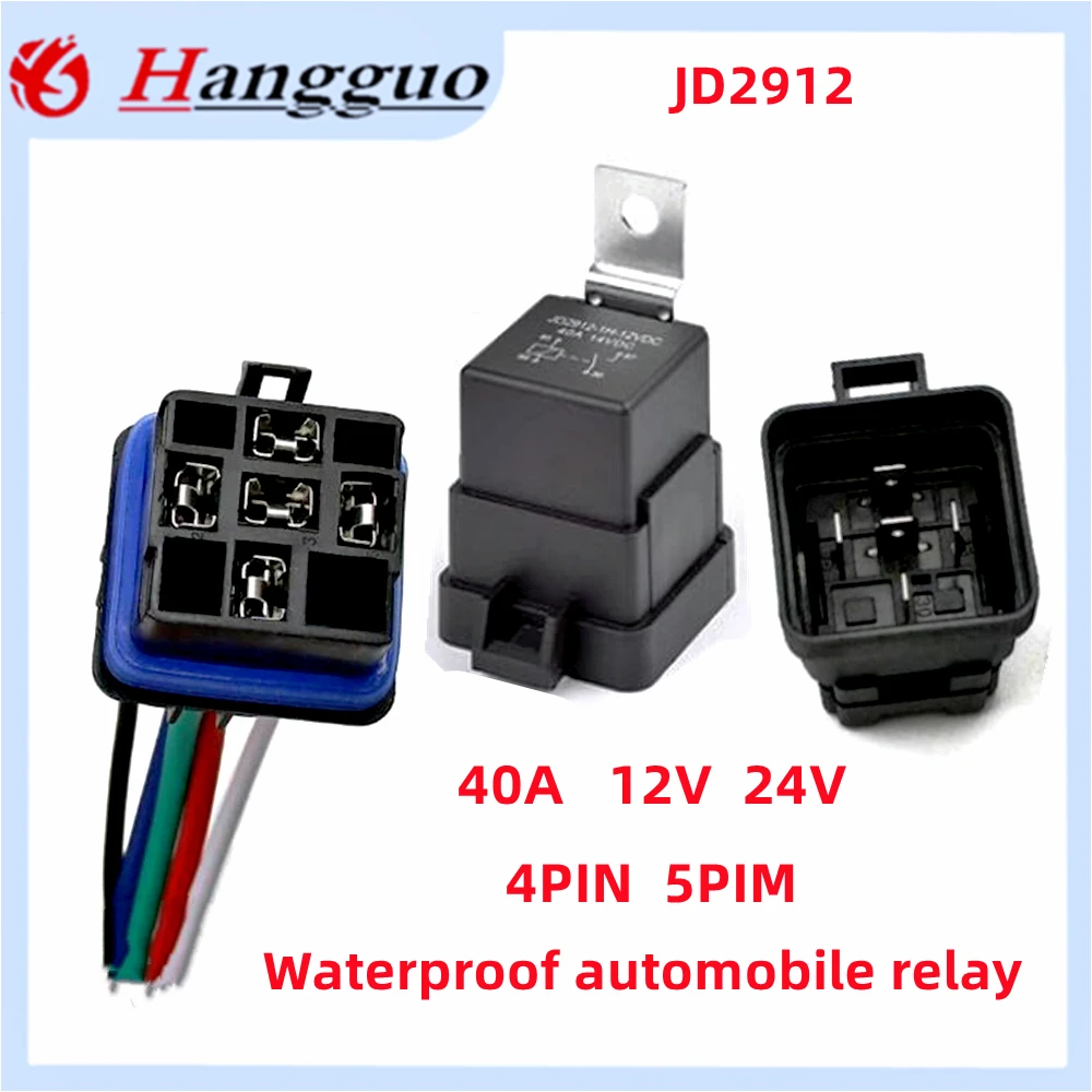 Car Auto Automobile Relay Sealed Waterproof Integrated Wired 40A DC12V 24V 5Pin 4pin Auto Relay + Holder With 105mm Length Wires