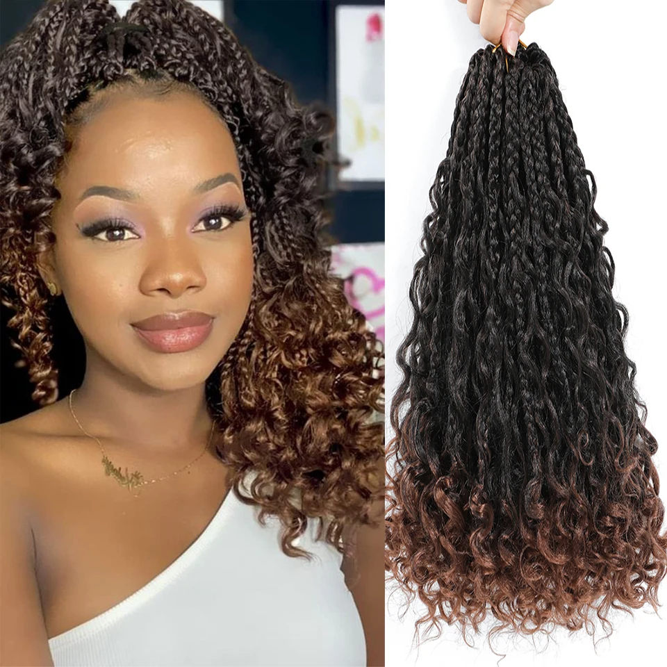 14 Inch Bohemian Synthetic Goddess Box Braids Crochet Hair With Curly Ends 1B T 27 30 Burgundy 4 Colors Braids Hair Extensions