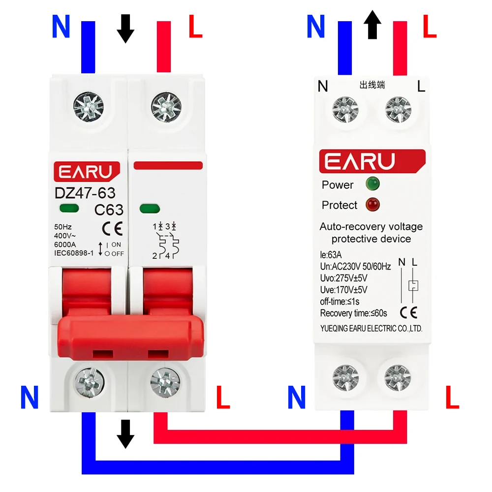 1P+N 27mm 40A 63A 230V Din Rail Automatic Recovery Reconnect Over Voltage and Under Voltage Protective Device Protection Relay