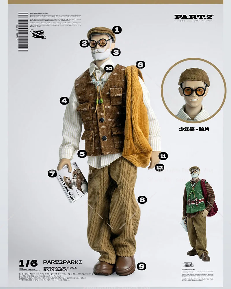 PART2PARK 1/6 Men Soldier Walter Walter Head Sculpt Shirt Vest Pants Retro Trendy Clothes Set Fit 12Inch Action Figure Body