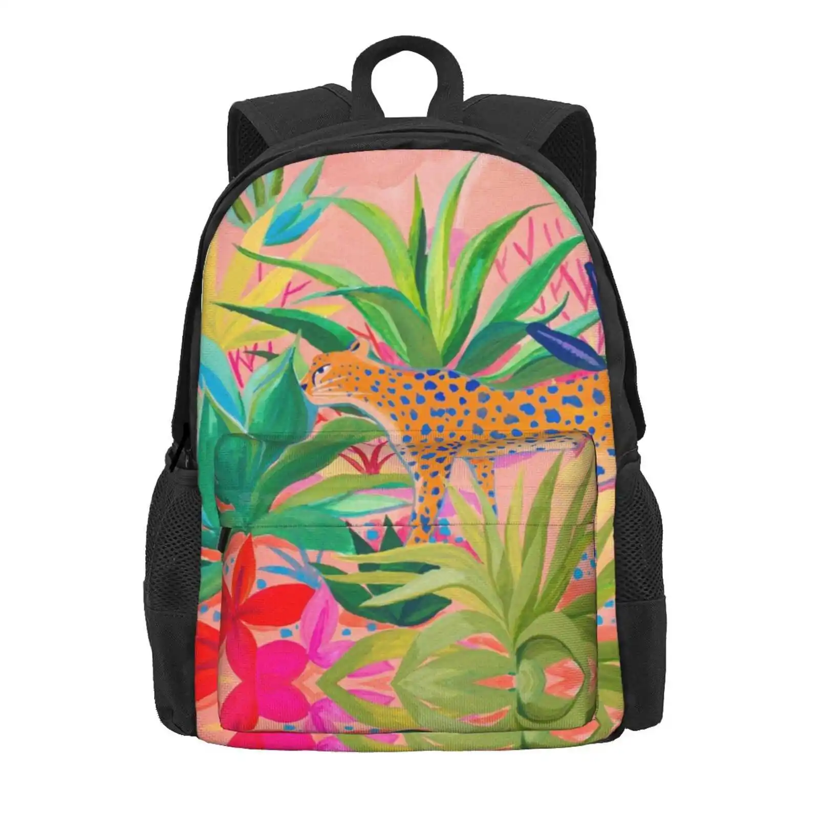 Leopard In Succulent Garden Hot Sale Schoolbag Backpack Fashion Bags Leopard Cheetah Panther Feline Big Cat Plants Leaf Leaves