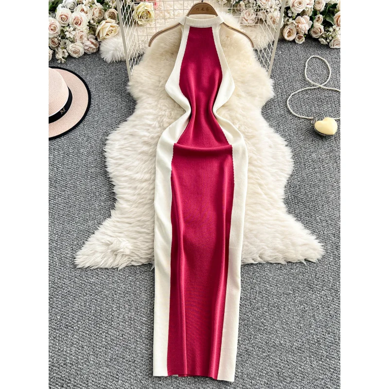 INS women sexy summer chic halter neck knitted bodycon long dress casual patchwork party sheath elegant streetwear club dress