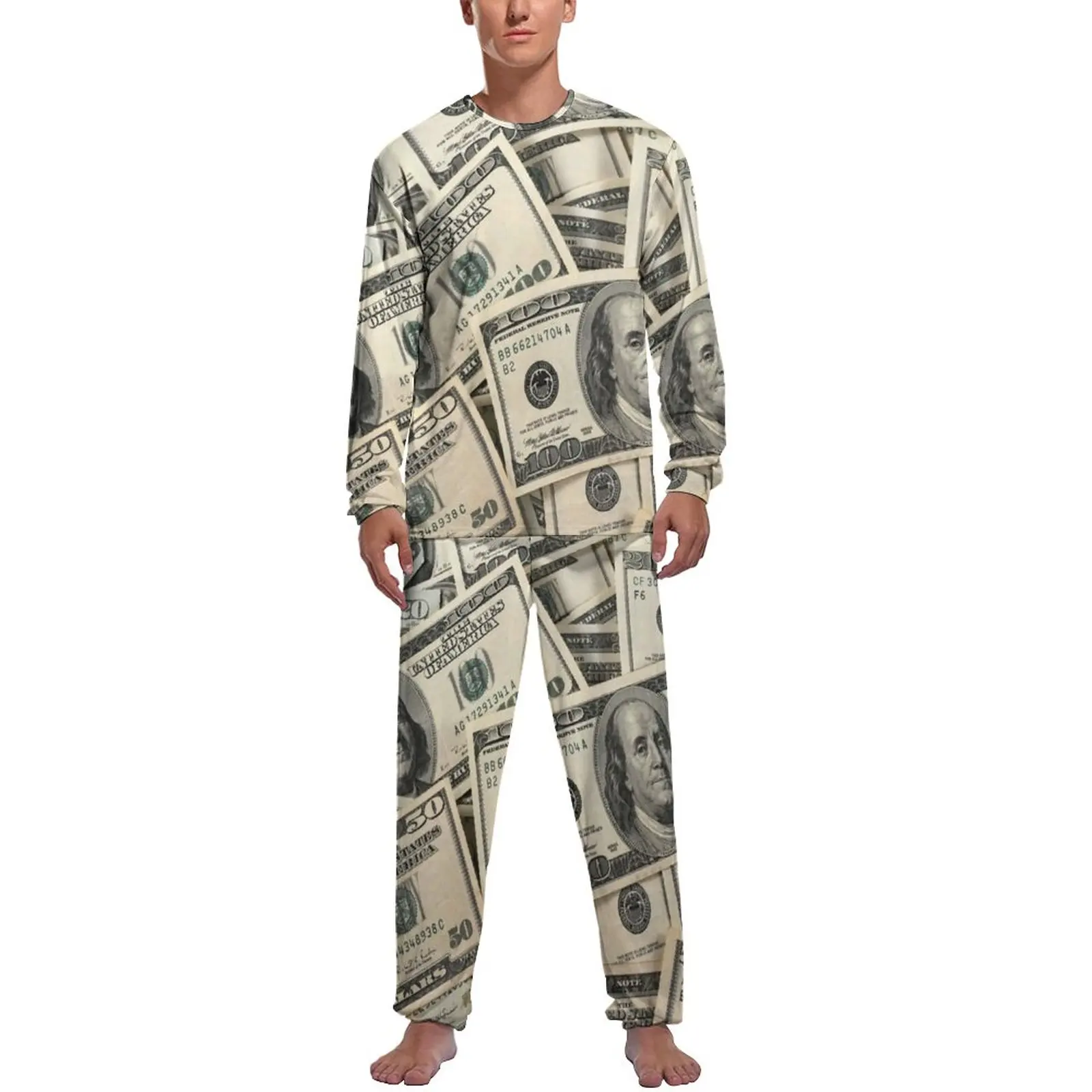 Dollar Pajamas Money Currency Male Long Sleeve Trendy Pajama Sets 2 Pieces Casual Autumn Pattern Nightwear Gift