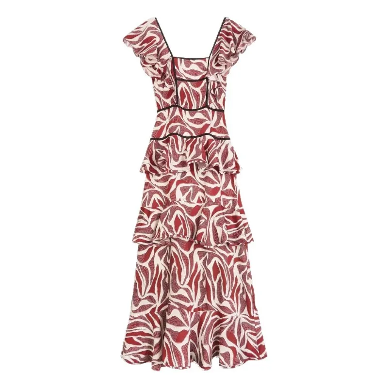 2025 여름 여성 러플 보헤미안 맥시 드레스 우아한 Y2K 반팔 V넥 코르셋 백리스 프린트 레이어드 휴가 비치 드레스