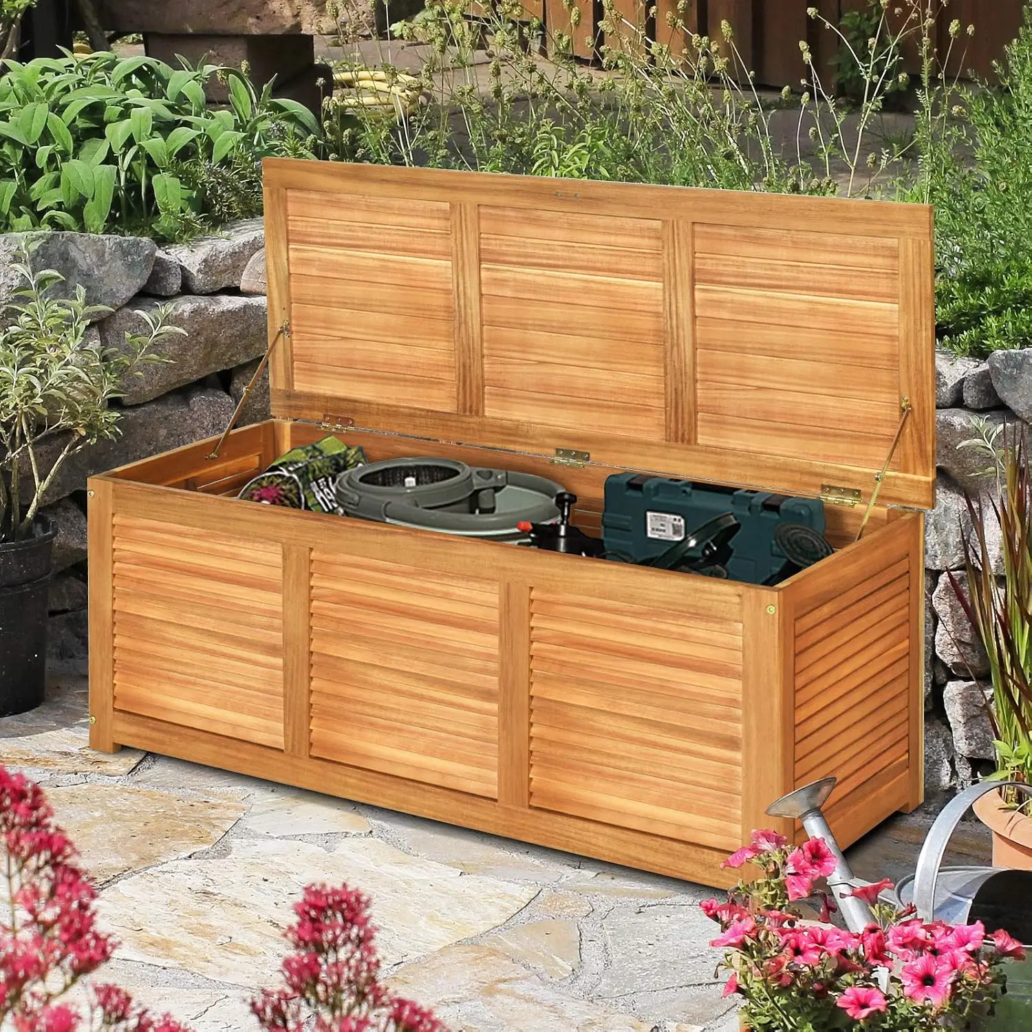Acacia Wood Deck Box, Large Patio Storage Bench for Outside Furniture Cushions, Weather Resistant Garden Storage Container Box, Heavy Duty Backyard Seating Organizer, Natural Color view 5