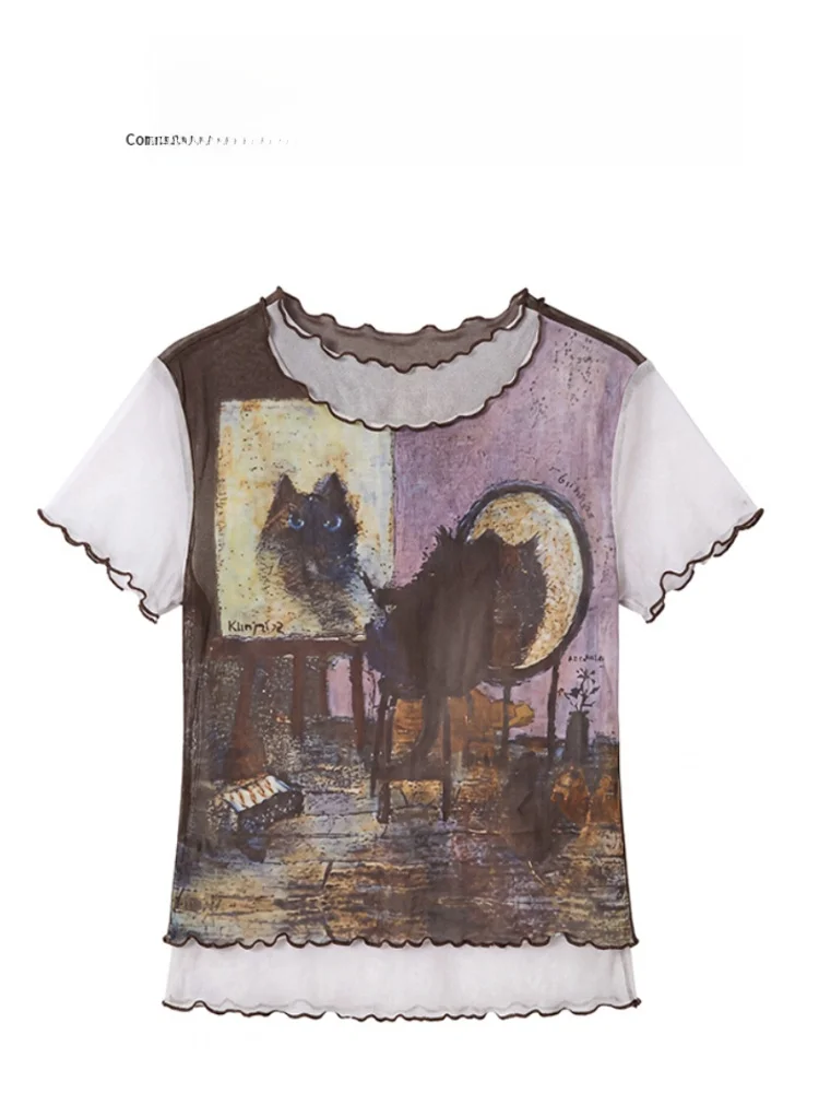 Retro Oil Painting  Print Mesh Short Sleeve T-Shirt Women Summer Thin Style High Waist Short Length Casual Fashion Top