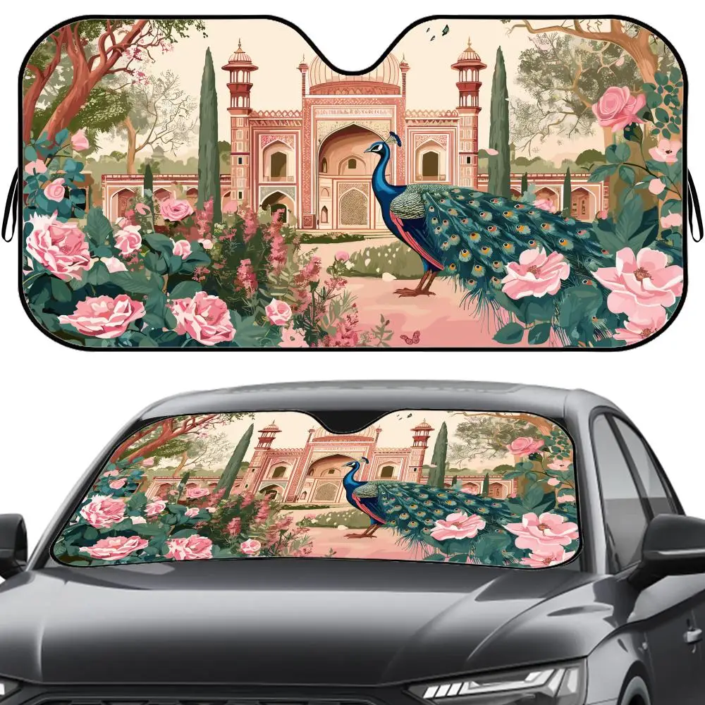 

Mughal Garden with Peacock Sun Visor Reusable Aluminum Foil UV Protector Heat Five-Layer Insulation Windshield Sunshades