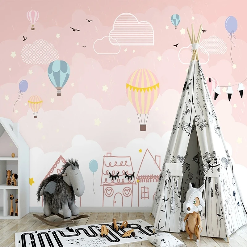 

Custom Mural Simple Pink Starry Sky Hot Air Balloon Romantic Clouds Children's Room Background Wall Home Decor Papel De Parede