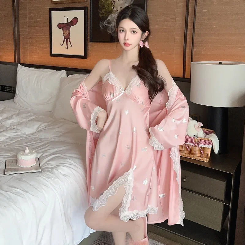 2Pcs Set Pajamas Ice Silk Sexy Spring Summer Lace with Chest Pad Butterfly Suspender Skirt Robe Two-piece Set Loungewear Pajamas