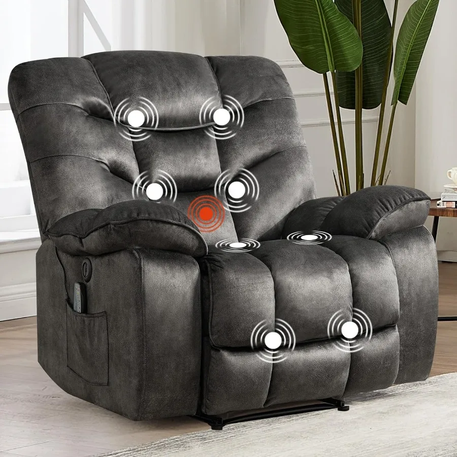 Living Room Power Recliner Chair with Massage and Heat, Breathable Fabric, Gray, Overstuffed Design with USB Port