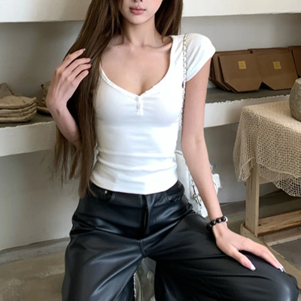 Breathable Womens Vneck Short Sleeve Buttondown T Shirt Casual Lightweight Top Suitable for Various Daily Activities