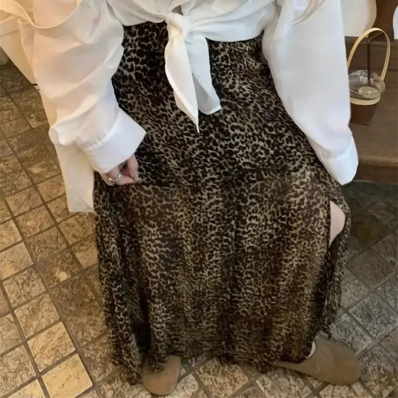 ฤดูร้อนใหม่ชีฟองกระโปรงยาวผู้หญิงแฟชั่นเสือดาวพิมพ์เอวสูงแยก A-Line กระโปรงวินเทจ Streetwear Y2k Casual เสื้อผ้า