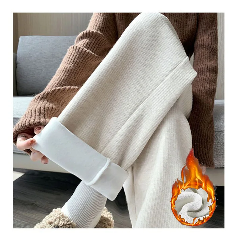 Inverno senhora calças de lã de cintura alta meninas neve quente pelúcia perna reta calças térmicas moda feminina diariamente calças casuais