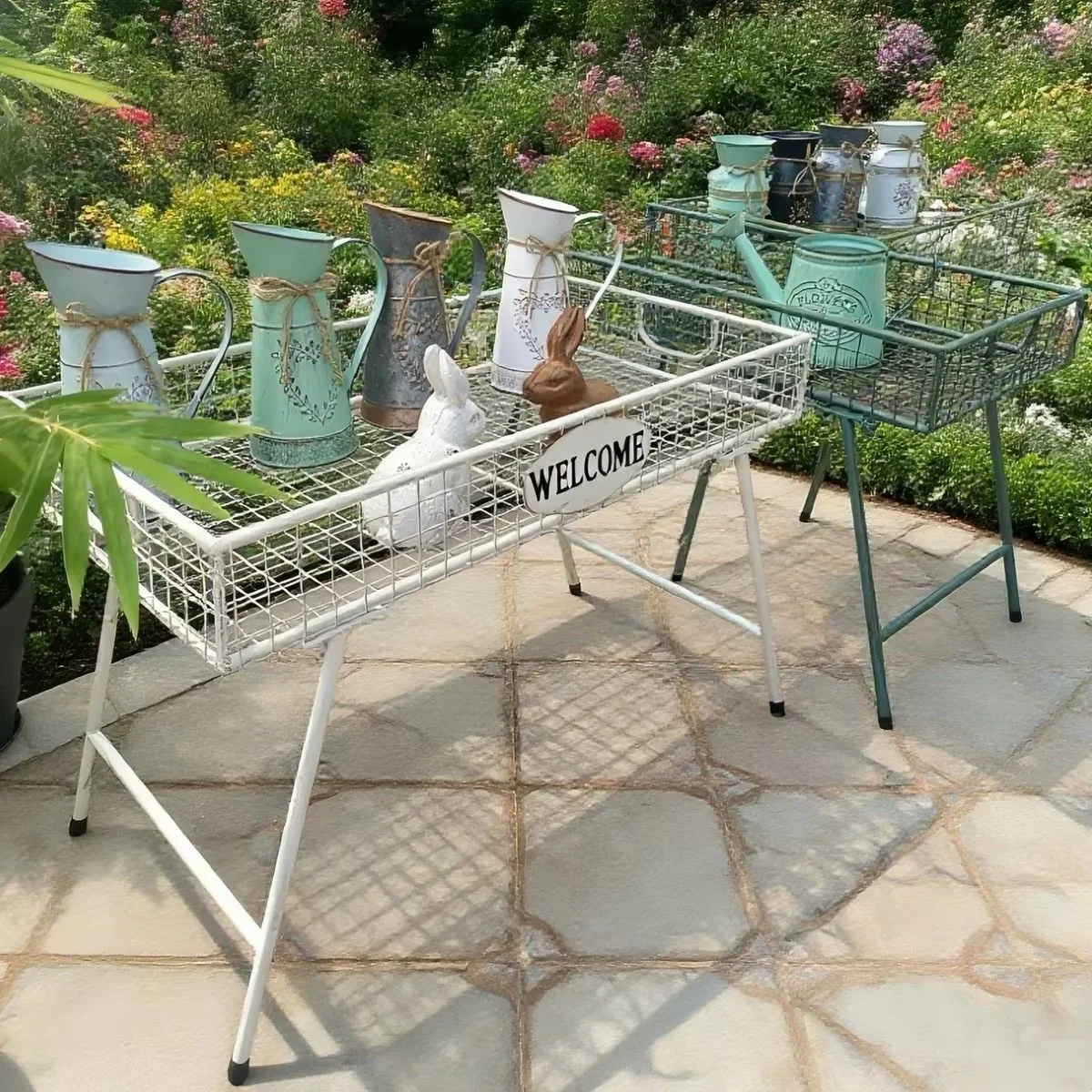Vintage Metal Raised Plant Stand with Wire Basket, Rustic Garden Display Table with Removable Legs for Pots, Blue Green White