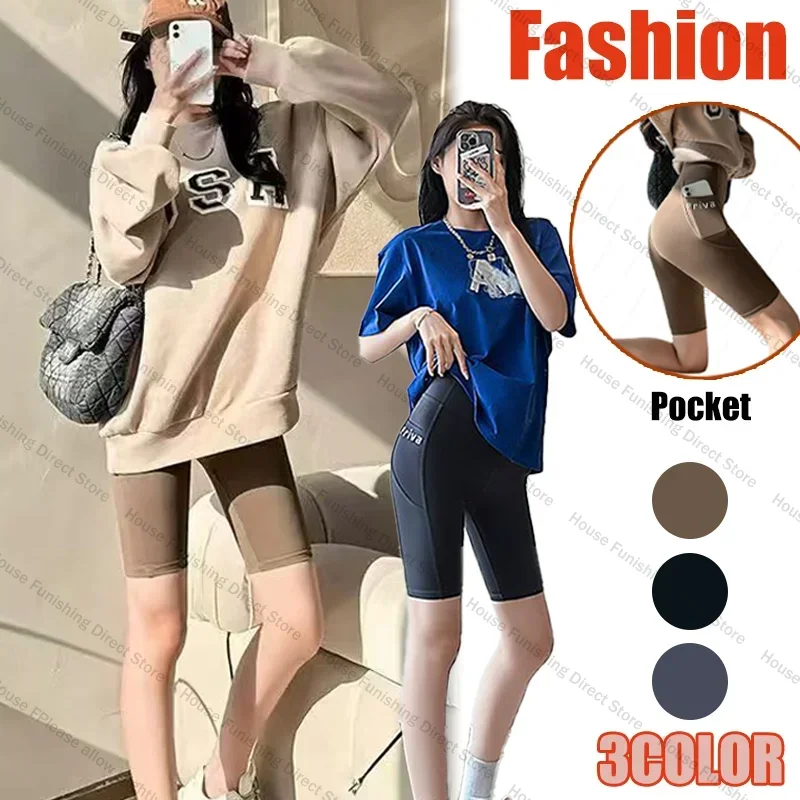 

Big Size Leggings Women Sports Shark Shorts with Pocket Stretchy High Waist Hip Lift Workout Running Quick-drying Gym Shorts