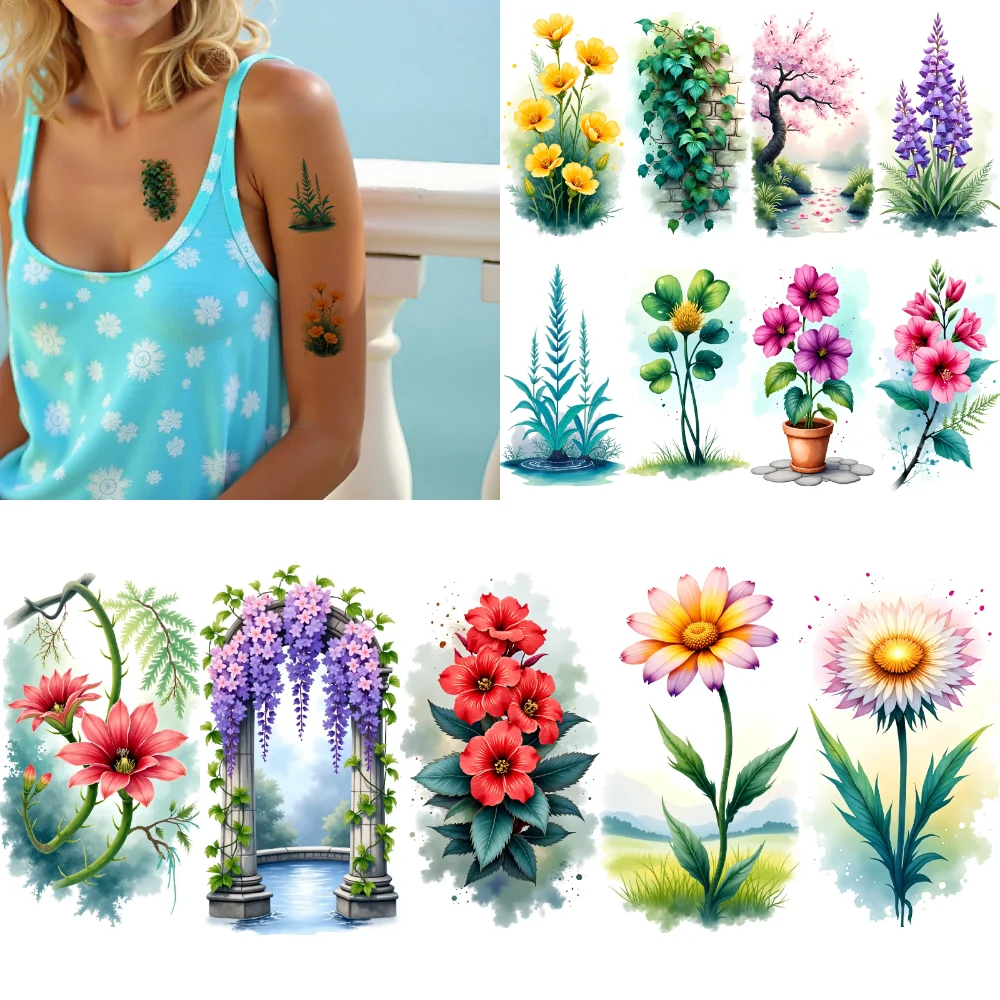 

9pcs Temporary Tattoo Colorful Flowers Temporary Tattoo Stickers Botanical Elements Watercolor For Shoulders Arms Ladies