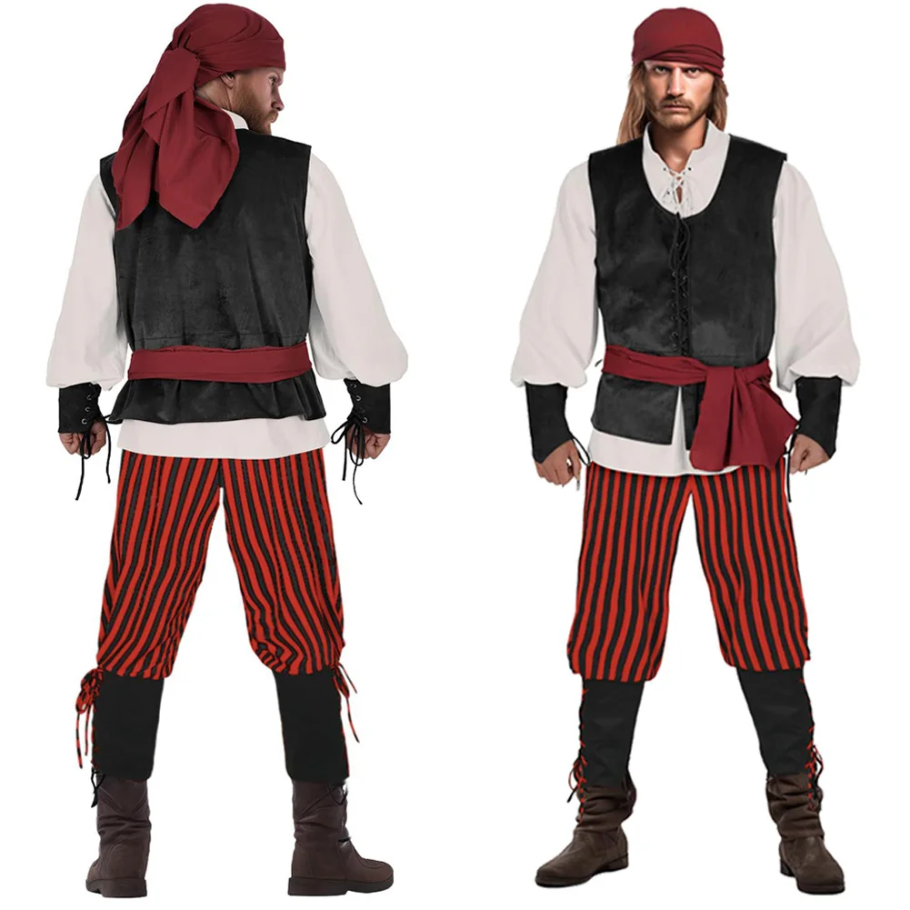 Medieval Pirate Cosplay Red Striped Costume Renaissance Roleplay Pirate Stage Performance Outfits Hat Scarf Vest Halloween Suit