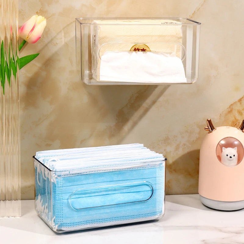 Transparent Storage Box Wall Mounted Tissue Box Large Capacity Disposable Mask Holder Free-punching for Home Office