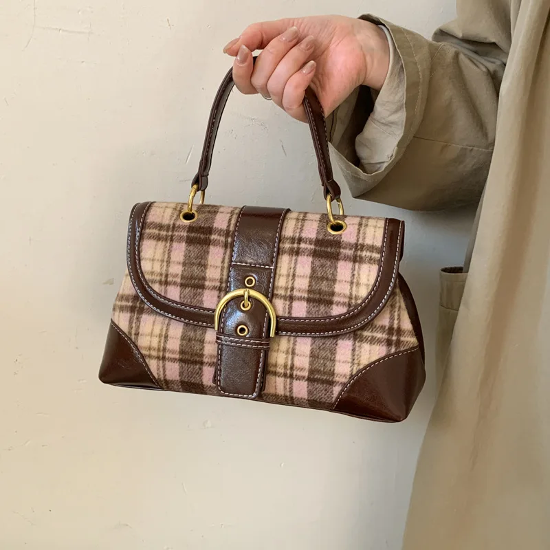 

Women's Commuter Versatile Shoulder Bag - Vintage Tweed Plaid Patchwork, Sophisticated Top-Handle Crossbody Bag