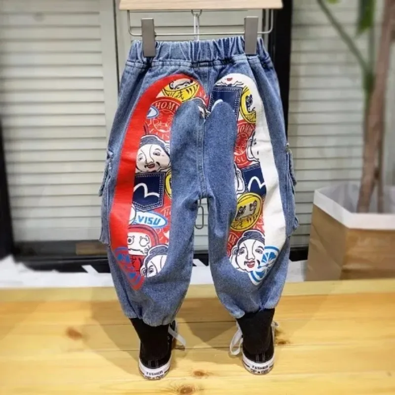 Pantaloni per ragazzi versione primavera e autunno Jeans stampati per ragazzi pantaloni per bambini per bambini abiti da lavoro larghi pantaloni