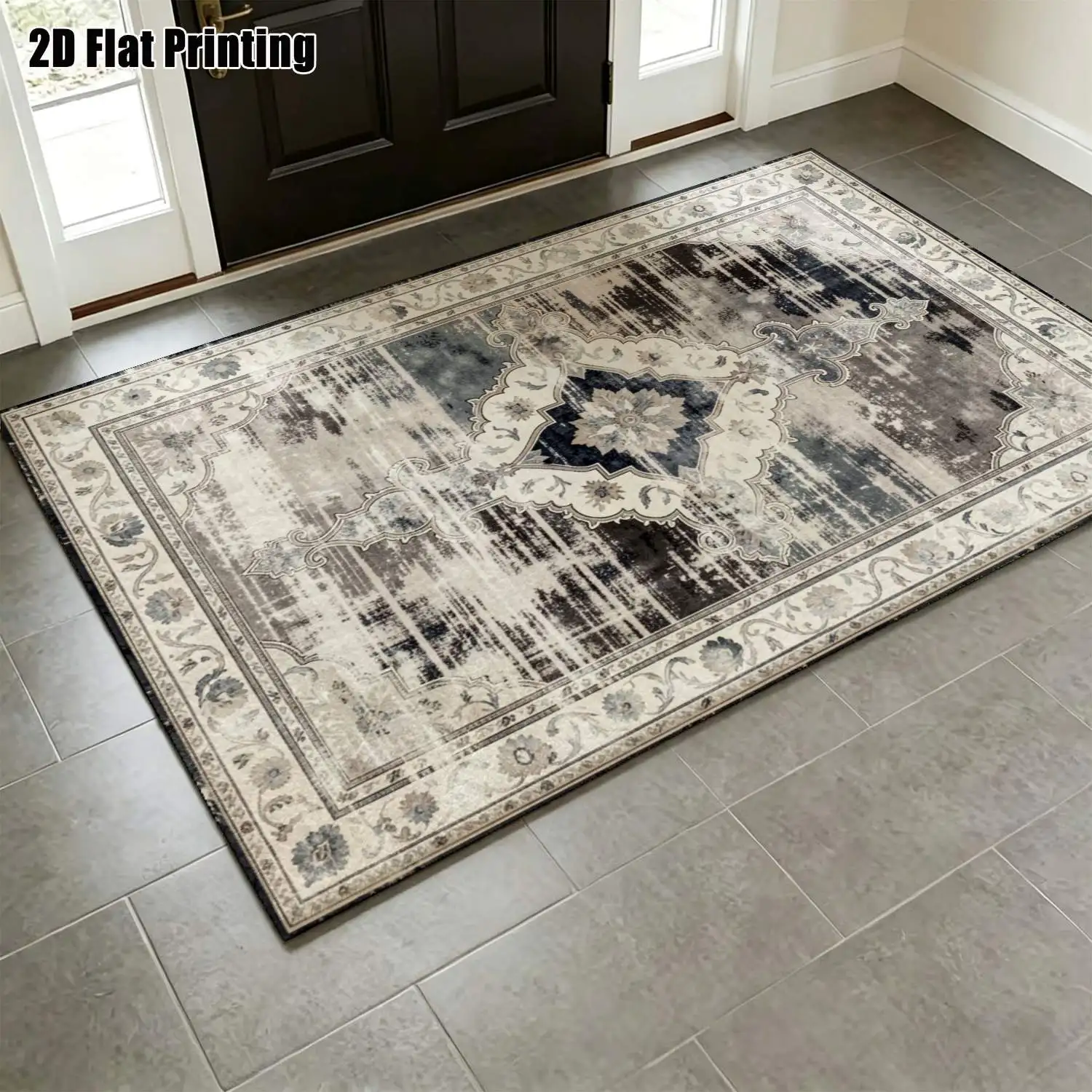 1Pc 2D Printed Carpet: Blue-Grey Retro Floral, Geometric Stripe, Machine Washable, Multi-Size, Ideal for Home Decor Such as Living Room, Bedroom, Dining Room, Entryway & Study