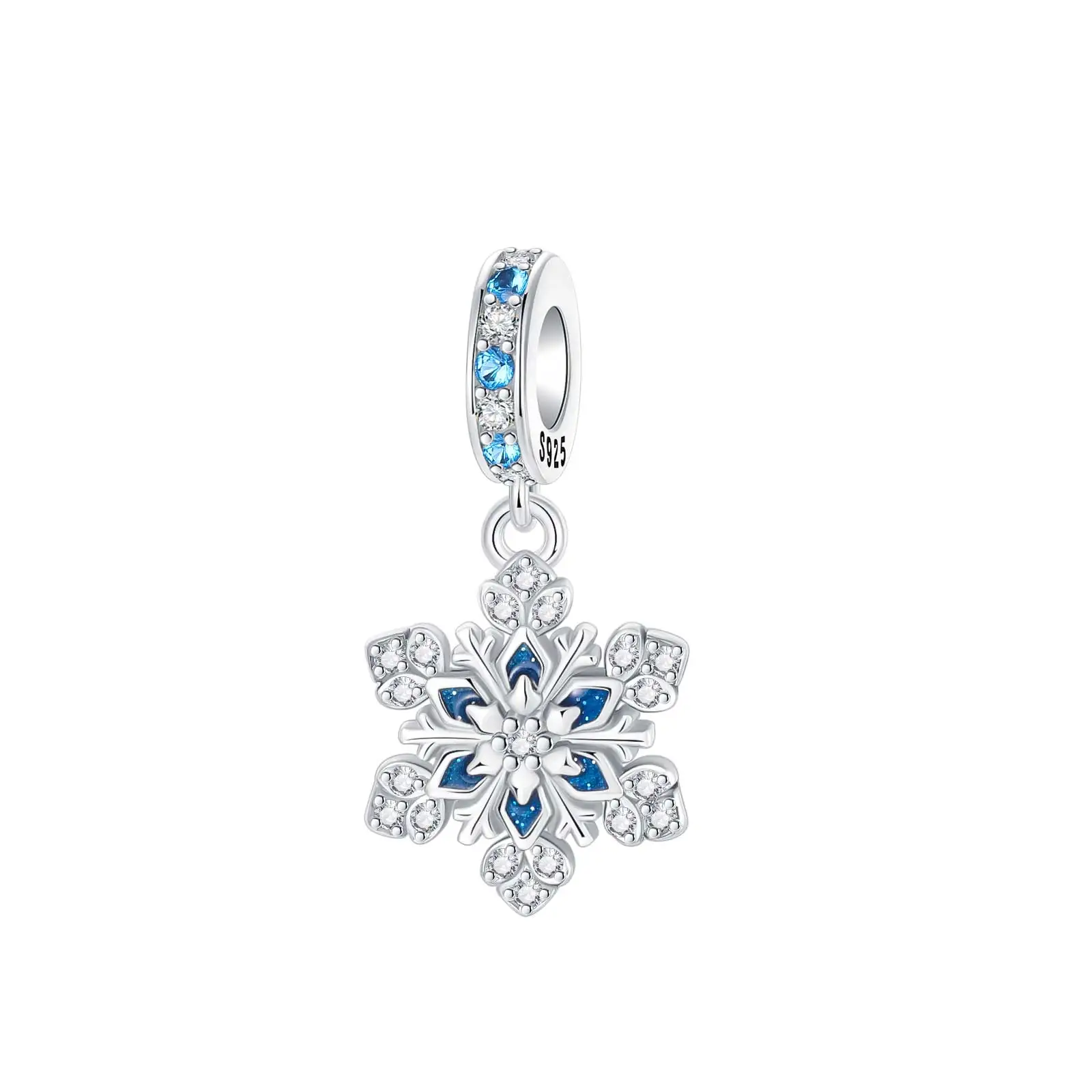 Original 925 prata esterlina floco de neve encantos azul zircão incrustado pingente encantos caber diy pulseira colar jóias presente marcação