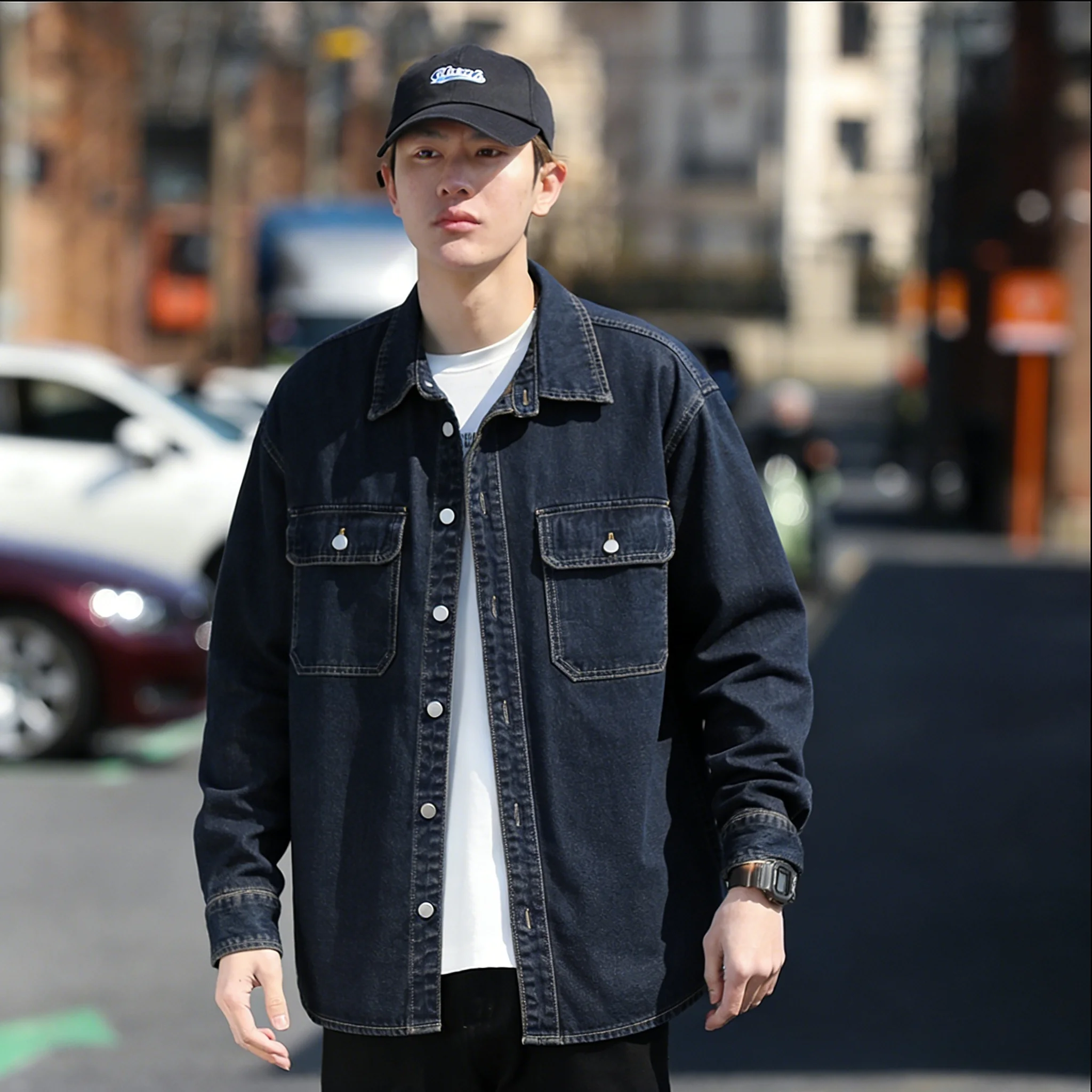 Retro Japanese Style Long Sleeve Denim Jacket Washed out Casual Workwear Versatile Spring Autumn Denim Shirt