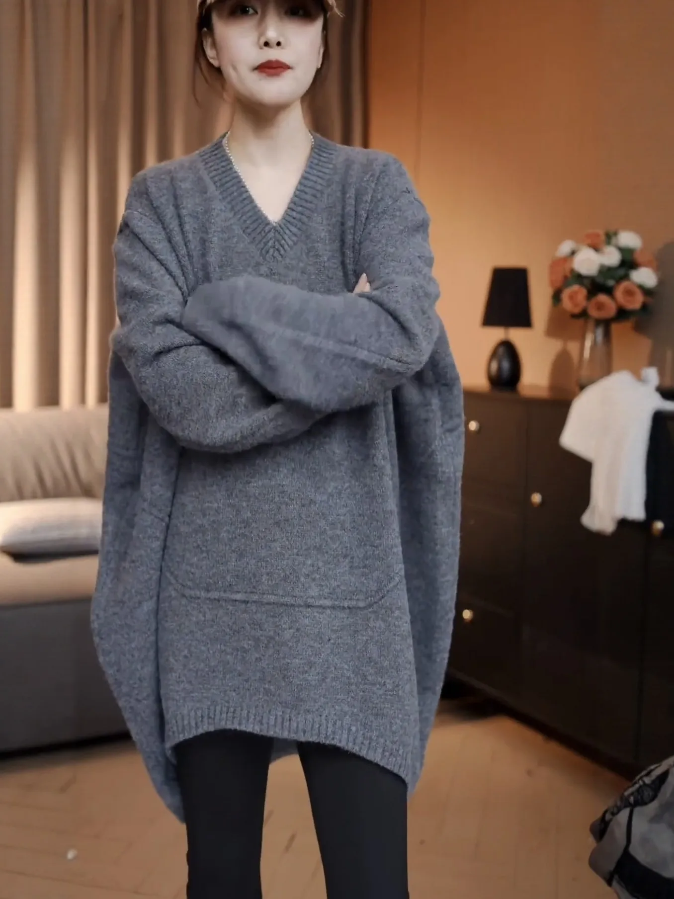 

plus Size Autumn Winter Lazy Sle V-Ne Loose Mid-Length Knitwear Conceals Belly Hides Flaws Comfortable Breathable Sweater...