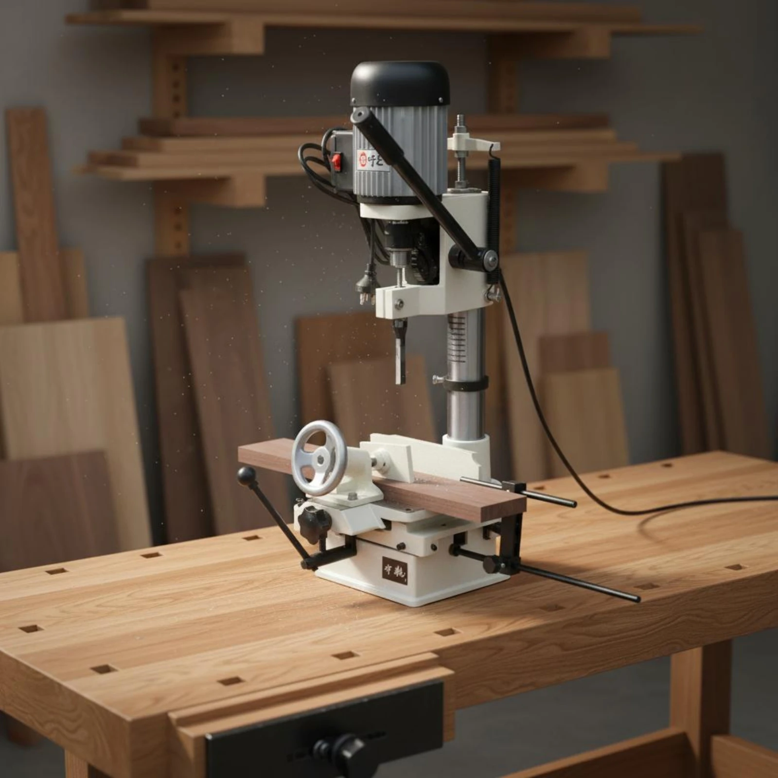 Benchtop Mortiser Adjustable Worktable Square Hole Drill Press Electric Tenoning Machine Sturdy Duty Power Tool for Woodworkers
