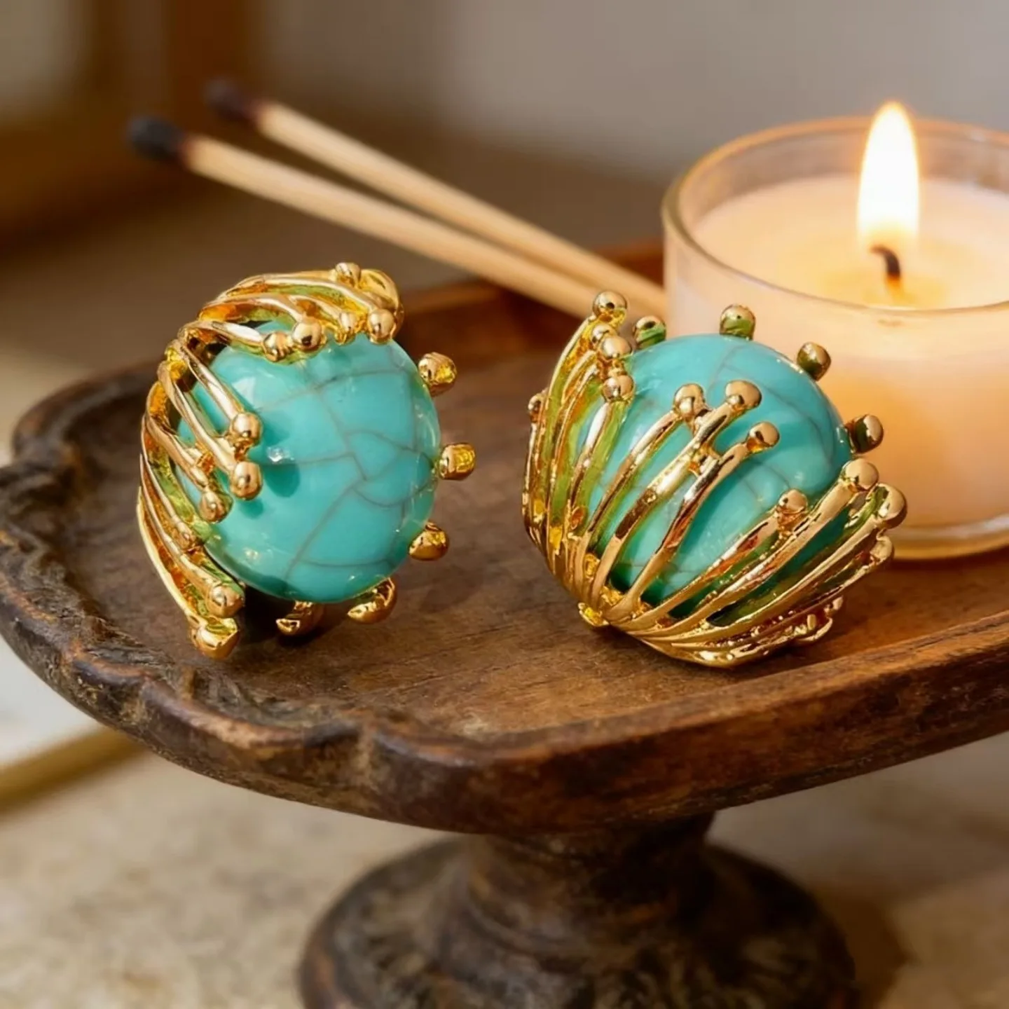 Vintage niche temperament ins metal stamen stud earrings elegant retro premium earrings turquoise texture earrings