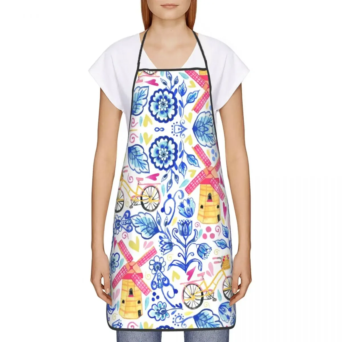 Netherlands Whimsy Bicycles Windmills Apron Women Men Kitchen Chef Dutc Delft Blue Flowers Tablier Cuisine for Cooking Baking