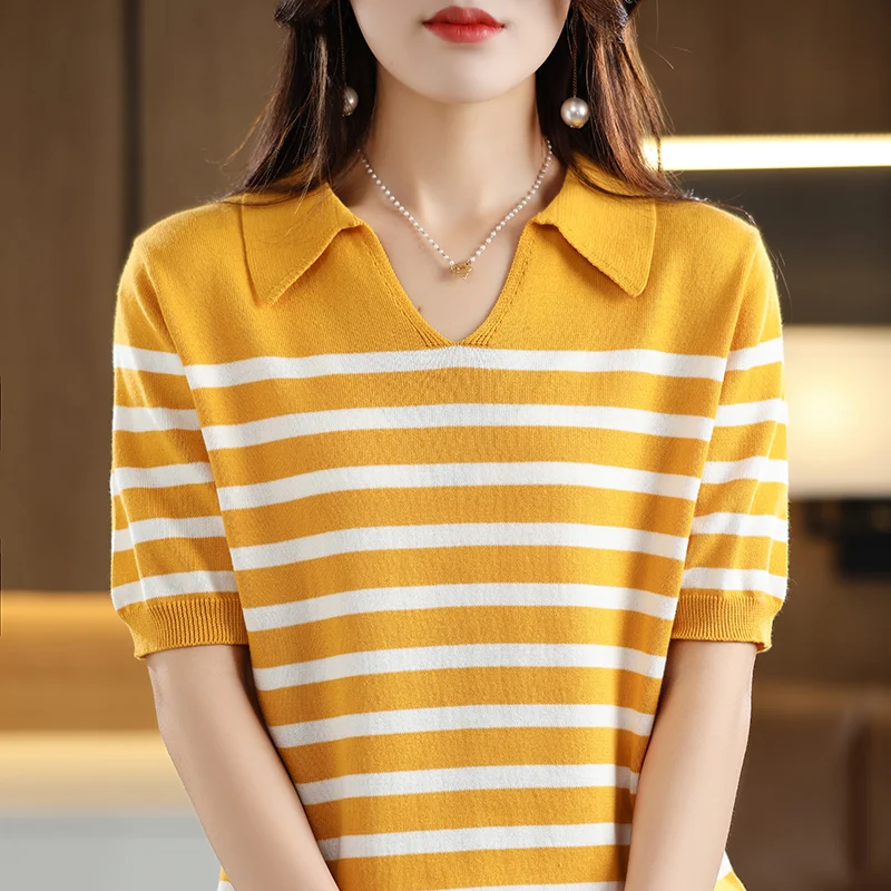 100% Cotton T-shirt Women's Summer New Knitted Short Sleeve Fashion Korean Striped Tank Top Loose Versatile Polo Pullover T-shir